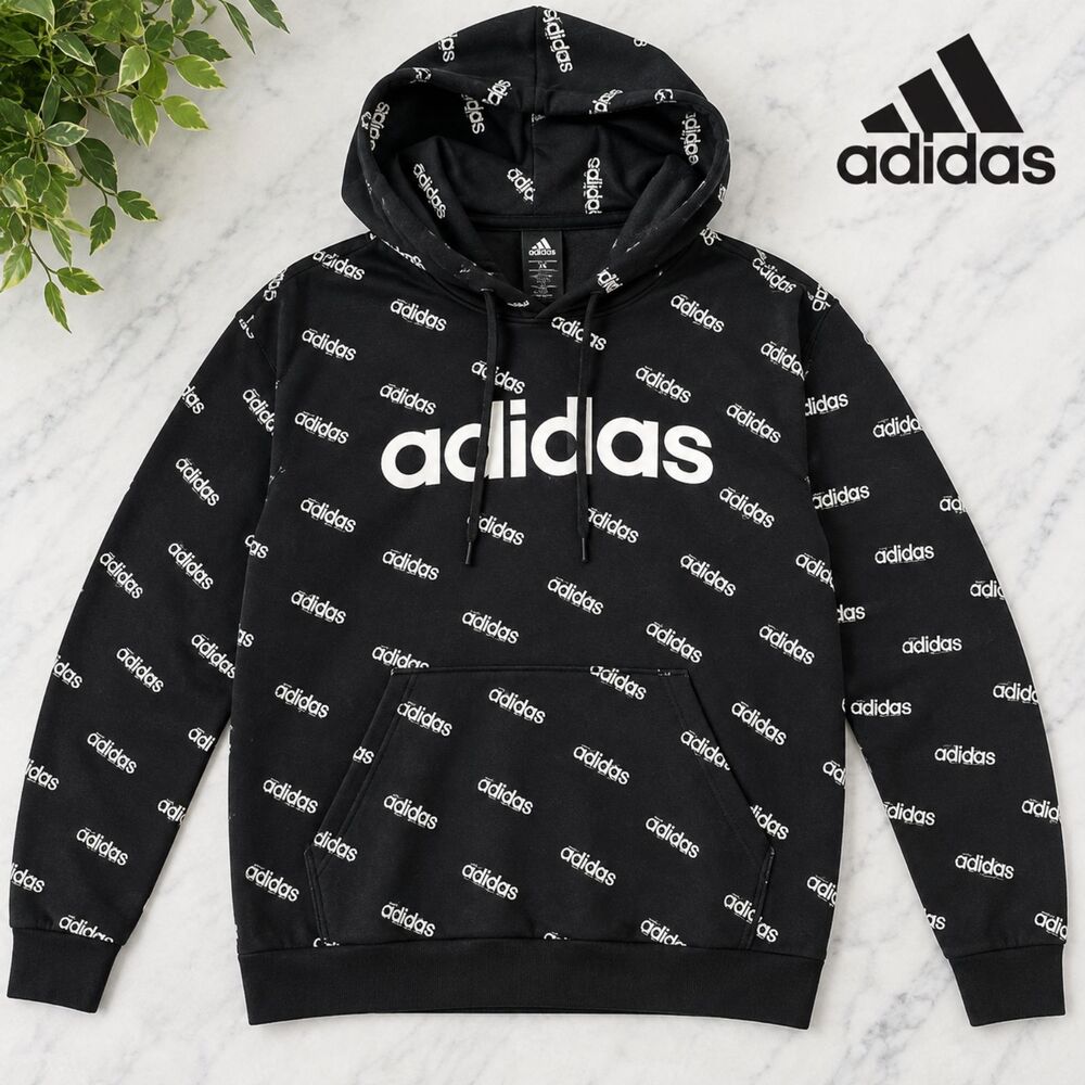 Adidas All Over Logo Hoodie XS Black White Pullover Spell Out Streetwear